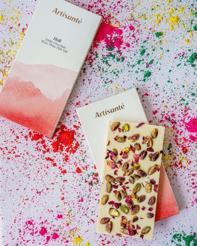 Holi, White Chocolate, Rose, Pista, Pink Salt - Artisanté.in